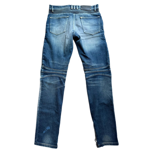 Balmain Distressed Moto Biker Jeans - Blue