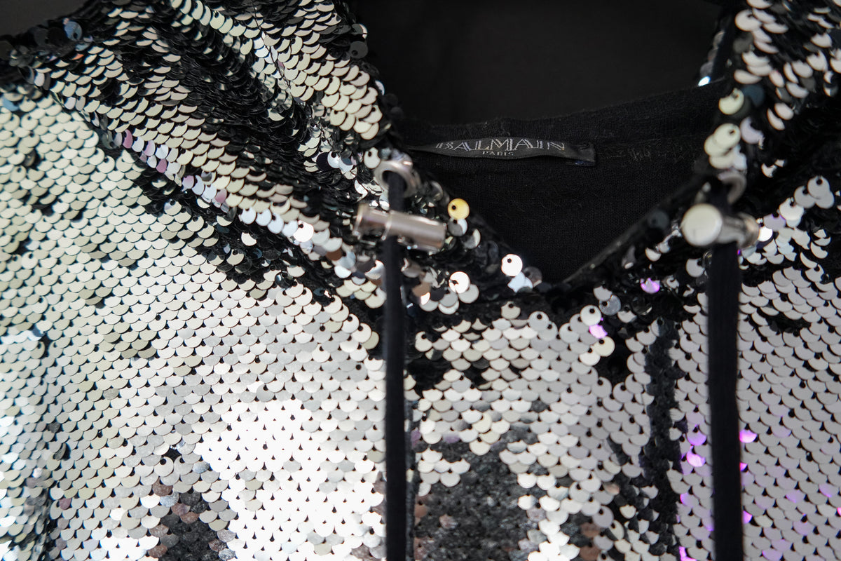 Balmain FW19 Silver Sequin Side Zip Hoodie