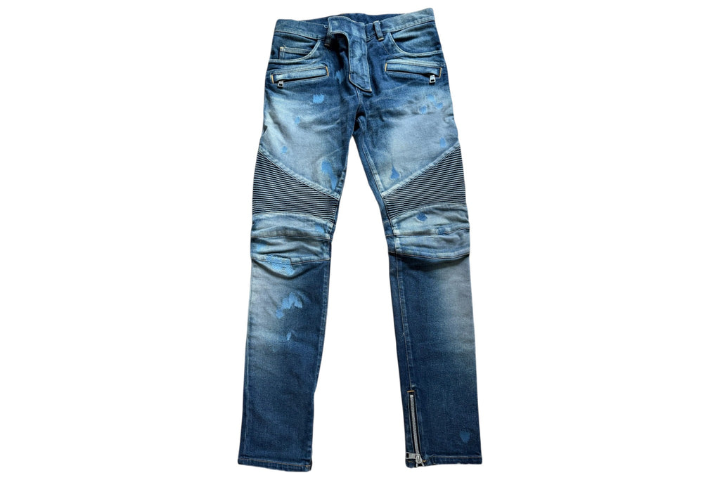 Balmain Distressed Moto Biker Jeans - Blue